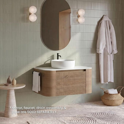 30" Preassembled Floating Bathroom Vanity with Round Sink, Oak | Mid-Century Modern Style, Fluted & Soft-Close Drawer with U-shaped Wall, Sinterted Stone Countertop, Towel Rack Included