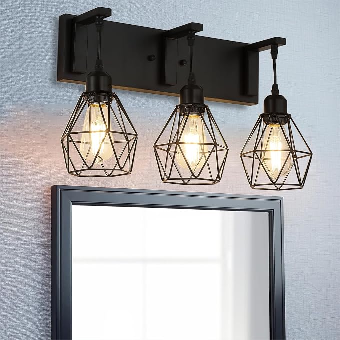 Somniferous Farmhouse Bathroom Light Fixtures, 3 Light Bathroom Vanity Lights Over Mirror, Black Vanity Light with Caged Metal Shade, Rustic Wall Sconce for Bedroom, Living Room, Hallway, E26 Socket