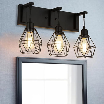 Somniferous Farmhouse Bathroom Light Fixtures, 3 Light Bathroom Vanity Lights Over Mirror, Black Vanity Light with Caged Metal Shade, Rustic Wall Sconce for Bedroom, Living Room, Hallway, E26 Socket