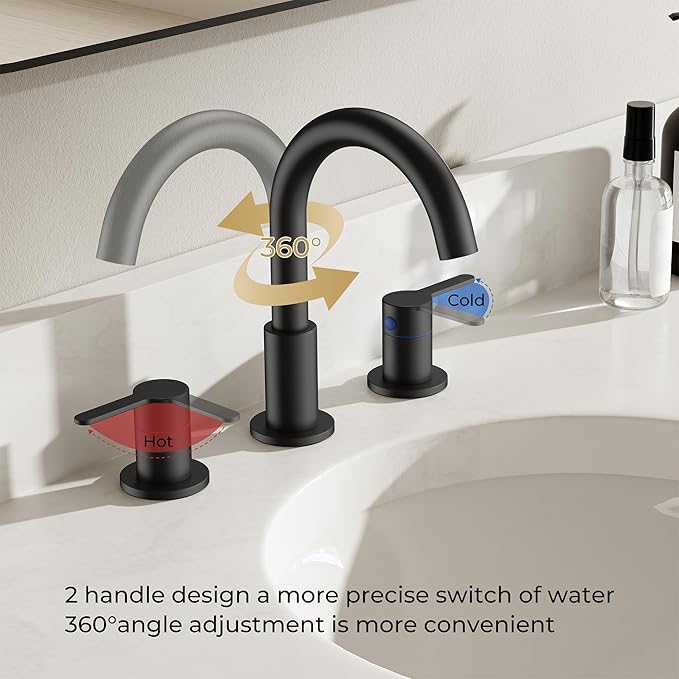 QFN Matte Black Bathroom Faucets 3 Hole, 8 Inch Widespread Vanity Sink Faucet with Aerator, 2 Handle 360° Swivel High Arc Spout, Spot-Free Finish, cUPC NSF Certified and CEC & DOE Compliant