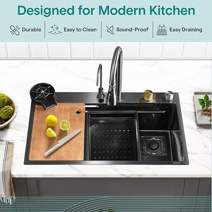 SereneLife Stainless Steel Kitchen Sink | Undermount & Drop-In Installation |13 Gauge & 30"L x 18"W x 9"H IN | Includes Faucet, Drain Rack, Strainer Basket, Cutting Board & Cup Washer | Black