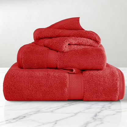 SUPERIOR Egyptian Cotton Ultra Plush & Absorbent, 3 Piece Set, Red | Quick Dry, Soft Luxury Towel Set, Bath Essentials, Guest Bath, Spa, 1 Bath, 1 Hand, 1 Face Towels, Madeline Towels