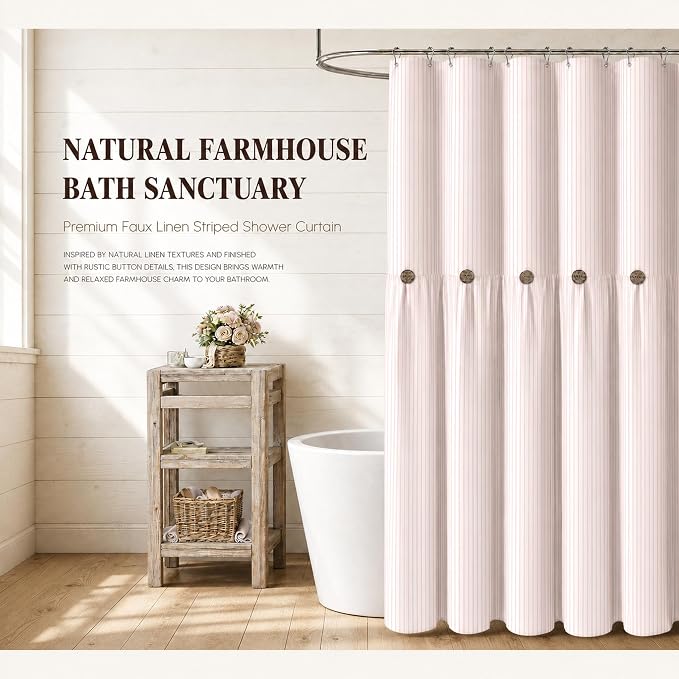 Farmhouse Shower Curtain Button Pink Stripe 72" W x 72" L | Farmhouse Style, Chic Button, Striped, Cotton Fabric, Rustic, Country, Natural Look, Washable, for Bathroom Bathtub