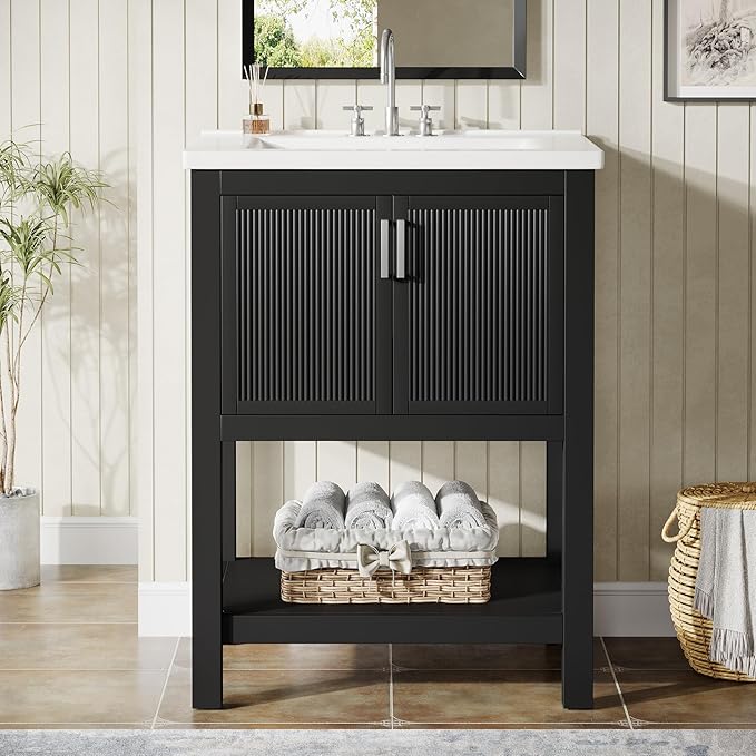 Tribesigns 48" Bathroom Vanity with Sink, Modern Freestanding Vanity with Ceramic Porcelain Basin, 2-Door Storage Cabinet & Open Shelf for Small Bathroom, Industrial, Black