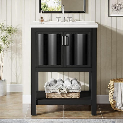 Tribesigns 48" Bathroom Vanity with Sink, Modern Freestanding Vanity with Ceramic Porcelain Basin, 2-Door Storage Cabinet & Open Shelf for Small Bathroom, Industrial, Black