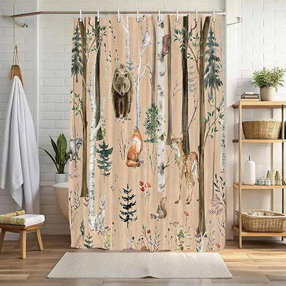JAWO Rustic Forest Shower Curtains, Lodge Cabin Woodsy RV Shower Curtain, Wildlife Animals Woodland Campers Camping Bathroom Set with Hooks, 54x72 Inch, Brown
