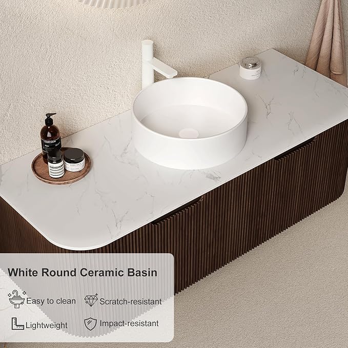 48" Floating Bathroom Vanity with Sink, Wall-Mount Cabinet 2 Large Storage Drawer, White Round Ceramic Basins with Stone Pattern and Marble Top, Soft-Close Design, Dark Walnut