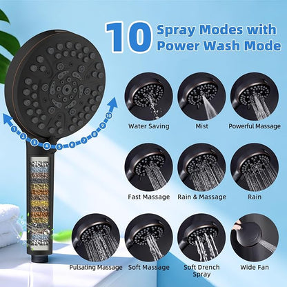 Metal 10" Rain Shower Head with Handheld, 10-Mode with Filter, Easy Reach | Oil Rubbed Bronze, High-Pressure Rainfall Showerhead, 4-Way Diverter Pause Mode, Adjustable 16" Extension Arm/71" Hose/Holder