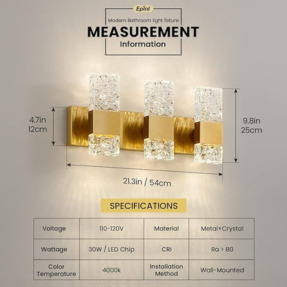 Gold Bathroom Vanity Light Fixtures Bathroom Light Fixtures Over Mirror 3-Light 4000K LED Crystal Wall Sconces Modern 30W Brushed Hardwired Wall Lights for Bathroom Bedroom Living Room