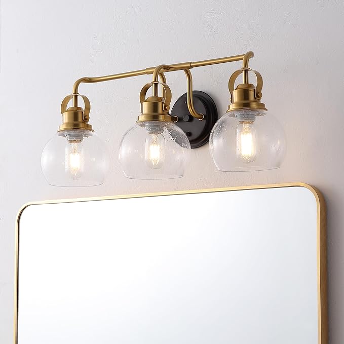 JONATHAN Y 24" Brass Gold/Oil Rubbed Bronze Shirley 3-Light Bathroom Vanity Light, Metal Wall Sconce, Clear Seeded Glass Shade, Modern Transitional Farmhouse Fixture, LED Bulbs Included (JYL7405B)