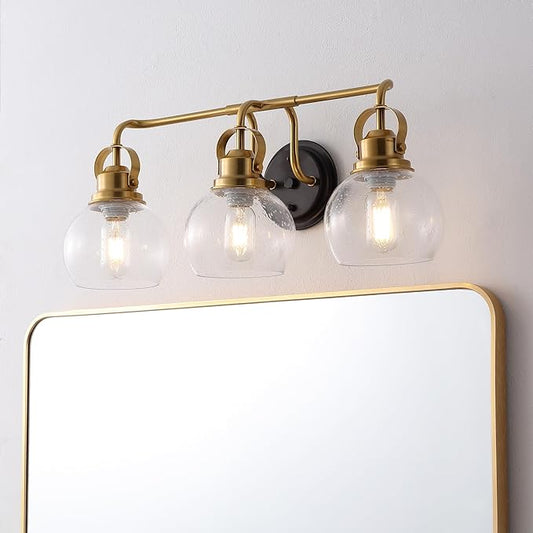 JONATHAN Y 24" Brass Gold/Oil Rubbed Bronze Shirley 3-Light Bathroom Vanity Light, Metal Wall Sconce, Clear Seeded Glass Shade, Modern Transitional Farmhouse Fixture, LED Bulbs Included (JYL7405B)