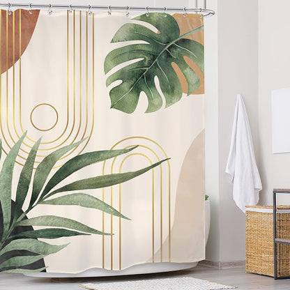 Extra Long Green Shower Curtain Boho Mid Century Bathroom Curtain Set | Leaf Abstract Plant Botanical Tropical Bohemian Palm Leaves 72Wx96L Bathroom Decor Waterproof Fabric with Free Hooks