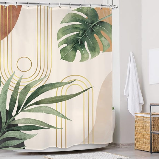 Extra Long Green Shower Curtain Boho Mid Century Bathroom Curtain Set | Leaf Abstract Plant Botanical Tropical Bohemian Palm Leaves 72Wx96L Bathroom Decor Waterproof Fabric with Free Hooks
