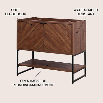JONATHAN Y VAN1015B Juhl 35 in. W x 18 in. D x 33 in. H Chevron-Front Modern Minimalist 2-Shelf Bathroom Vanity Cabinet Only with Soft Closing Doors (Sink Basin Not Included), Walnut