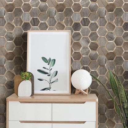 STICKGOO Hexagon Peel and Stick Backsplash Tile, Stick on Backsplash for Kitchen and Bathroom, Wood Texture PVC Mixed Metal Gold Self Adhesive Wall Tiles(10 Sheets, Seamless)