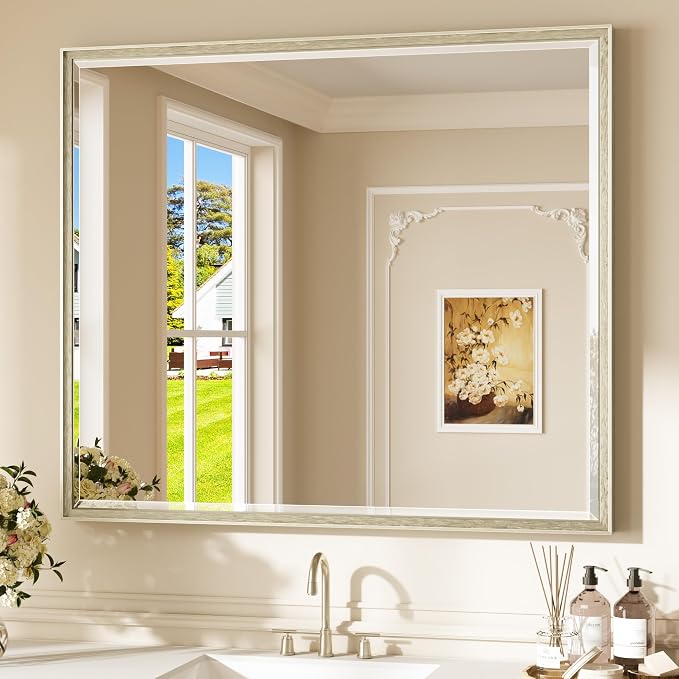 Keonjinn Brushed Nickel Bathroom Vanity Mirror 42 x 36 Inch, Tempered Glass | Aluminum Alloy Frame, Secure French Cleat, Beveled Edge, Shatterproof & Rustproof, Large Bathroom Mirrors for Over Sink