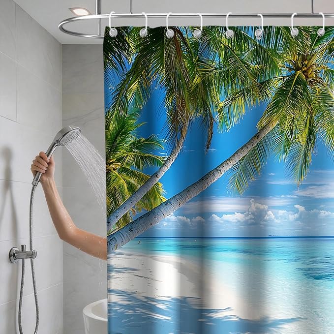 Beach Modern Ocean Shower Curtain, Rustic Coastal Nautical Palm Tree Shower Curtains for Bathroom, Waterproof Bath Curtain with Hooks Machine Washable Bathtub Curtains 72x72 Inch Green Blue