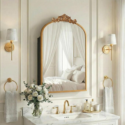 Casaphoria 30" H x 20" W Arched Bathroom Medicine Cabinet with Mirror, Carved Metal Frame and Wall Medicine Cabinets Mirrors, Gold O