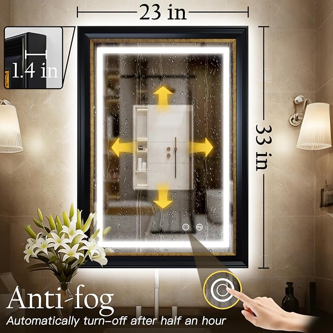 ROLOVE 23x33 Inch Lighted Baroque Bathroom Mirror, Antique Black and Gold | Anti-Fog, Waterproof Frame and Shatterproof Glass, Vintage Wall Mirror for Bathroom, Entryway and Powder Room