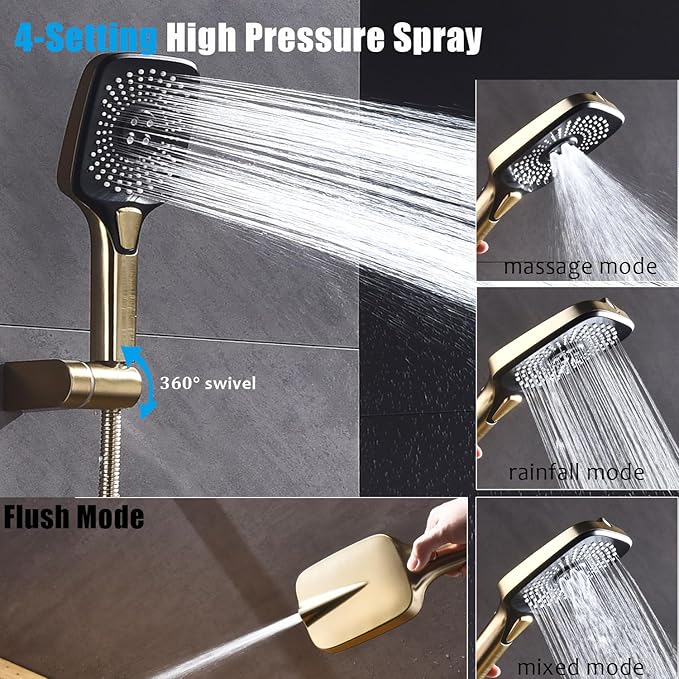 Shower Faucet Set with Tub Spout Brushed Gold 10 Inch Rainfall Shower 4 Setting Spray Mixer Shower System Modern Luxury Wall Mounted Tub Shower Faucet Set Rough-in Valve Body (Brushed Gold)