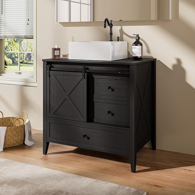 VNN Bathroom Vanity with Sink - 36 Inch Bathroom Vanity with Sink Ceramic, Freestanding Cabinet with Farmhouse Sliding Barn Door and 3 Drawers, Space-Saving Storage Cabinet, Wood Grain Texture, Black