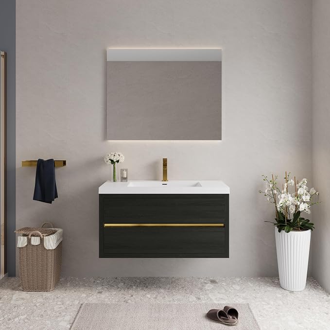 42" Floating Bathroom Vanity with Sink, Wall-Mounted Bathroom Storage Vanity Cabinet with Resin Top Basin and Soft Close Drawers, Fully Assembled, Espresso Wood