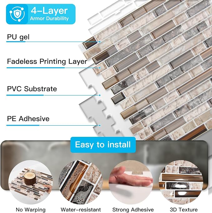 Art3d Linear Design Tile Peel and Stick Backsplash, 10-Sheet, Sandstone | 12 x 12 Inch, Enhanced Thickness, Warp Resistant, Strong Adhesion, Sturdy, for Kitchen, Bedroom, Ideal for Home Improvement