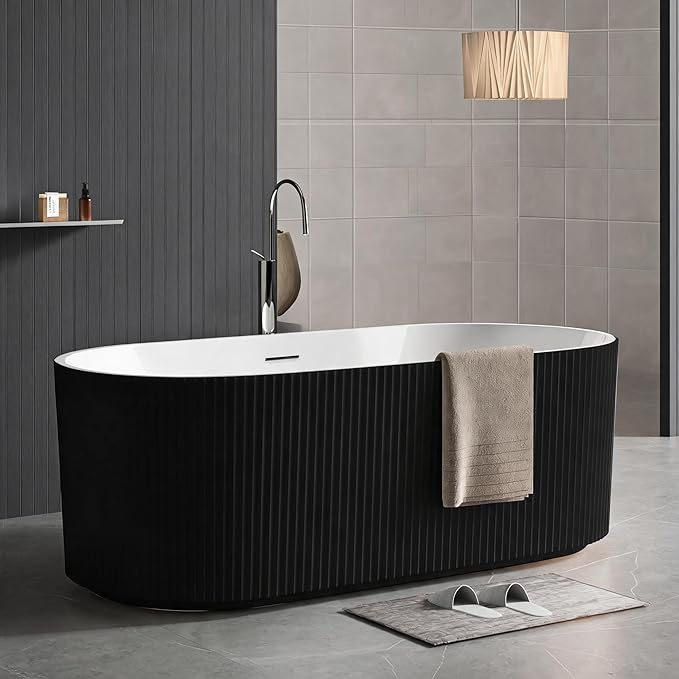 67" Freestanding Bathtub, Acrylic Soaking Tub with V Shape Pleated Design, Chrome Drain & Classic Slotted Overflow, CUPC Certified, Black and White for Modern Bathroom
