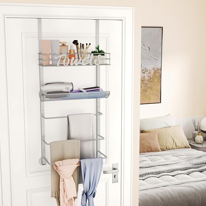 SWTYMIKI Over the Door Towel Racks for Bathroom - 5-Tier Wall Mounted Bathroom Towel Storage Organizer Holder with Metal Shelf, Sliver