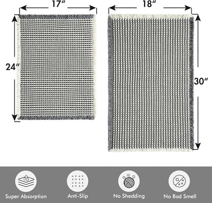 MIULEE Set of 2 Waffle Bathroom Rugs Dark Grey&Cream 17"x24"+18"x30" | Non Slip, Super Absorbent, Washable, Ultra Soft, Rubber Backed, Small Boho Bath Rugs for Bathroom Floor Tub Shower