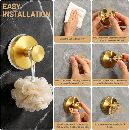 Suction Cup Hooks for Shower No-Drill Bathroom Hooks for Towels, Robes, Loofah Mountable on Bathroom Walls, Kitchen, Glass, Mirrors, Tile and Smooth,Non-Porous Surfaces (4, Brushed Gold)