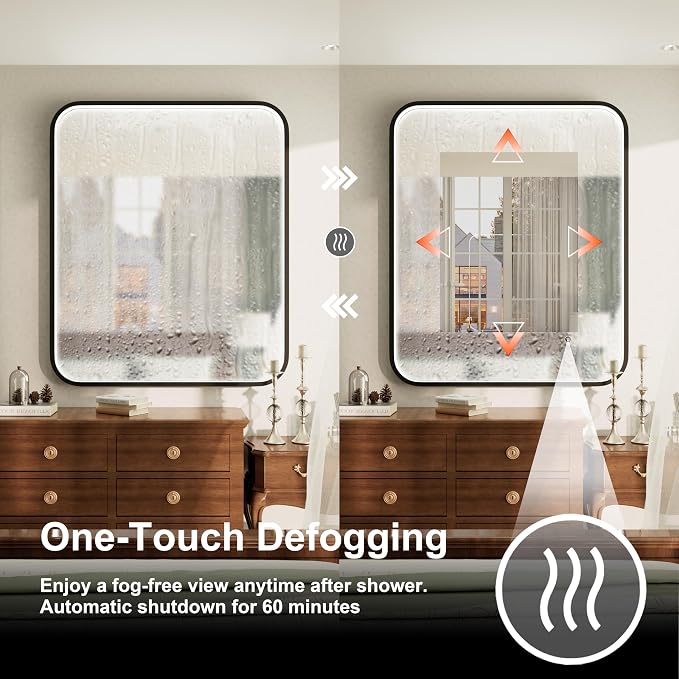 36"x30" Black LED Bathroom Mirror with 3000K/4500K/6000K Lights | Stepless Dimmable, Anti-Fog, Memory Function, Aluminum Frame Wall Mount Lighted Vanity Mirror, ETL Listed, IP54 Waterproof