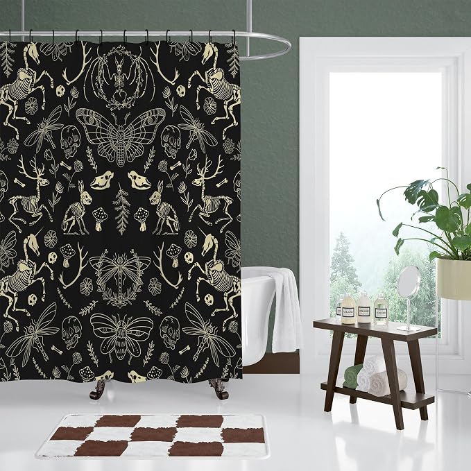 Black Goth Witchy Skull Shower Curtain Gothic Home Gift Set 72x72 Inches | Wild Animal Skeleton Goth Witchy Moth Print, Urban Home Guest Housewarming Gothic Lover Bath Decor, With Fabric Hooks
