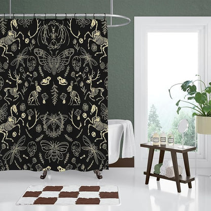 Black Goth Witchy Skull Shower Curtain Gothic Home Gift Set 72x72 Inches | Wild Animal Skeleton Goth Witchy Moth Print, Urban Home Guest Housewarming Gothic Lover Bath Decor, With Fabric Hooks