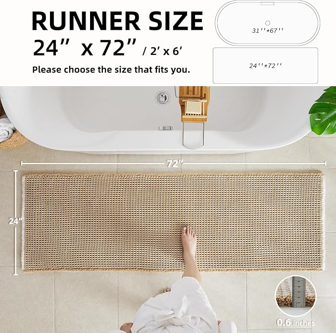 TYUU Waffle Runner Rug Bathroom, Long Boho Bath Mat, 72x24 Khaki & White | Super Absorbent Quick Dry Bath Rug, Non-Slip Backing, Soft Waffle Washable Farmhouse Bathroom Mats, Tub, Shower & Home Decor