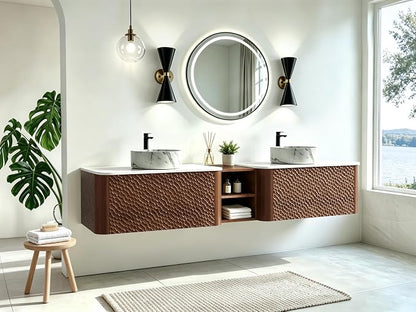 84 Inch Double Vanity with Sink Set, Floating Bathroom Sink Cabinet with Sintered Stone Top&Solid Wood Hammered Frame, Double Bathroom Vanities w/Soft-Close Drawers&1 Side Open Cube