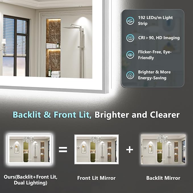 72x40 Inch Brushed Nickel LED Bathroom Mirror, Backlit & Front Lit | Silver Framed Anti-Fog Lighted Vanity Mirror with Lights, 3 Color Dimmable, Memory, HD Tempered Glass, CRI95, IP54, UL Listed