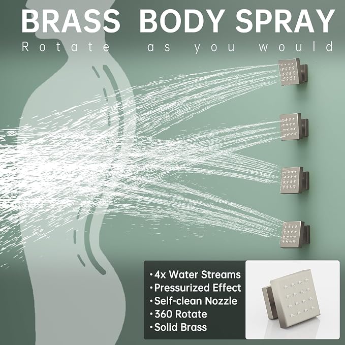 Hoimpro 12 Inch Rainfall Shower Faucet with 4 Full Body Shower Jet Fixtures Combo, Wall Mounted Shower System Set with Rain Mixer Shower Head and 2 in 1 Spray Handheld Showerhead, Brushed Nickel