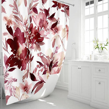 Long Shower Curtain 72x78 Inch, Tall Watercolor Burgundy Red Floral Decor | Modern Abstract Flower Bathroom Fabric Long Shower Curtain Set with Hooks