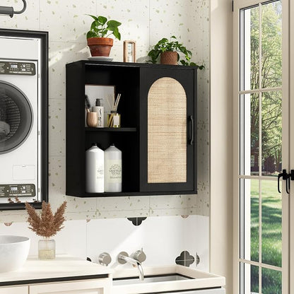 RUSTOWN Boho Rattan Bathroom Wall Cabinet with Sliding Door, Black | Farmhouse Bathroom Cabinet, Adjustable Shelves, Over The Toilet Storage Cabinet, 3-Tier Wall Mounted Cabinets