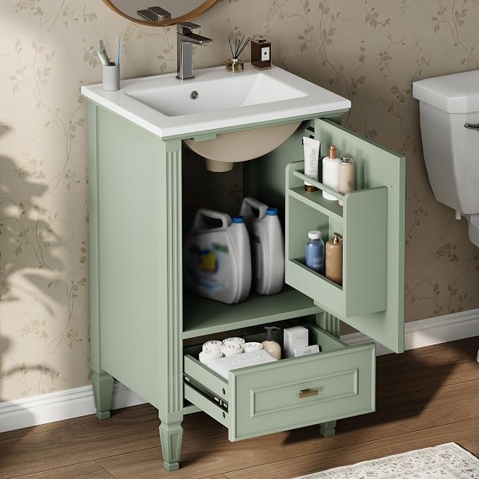 Merax 20 Inch Small Bathroom Vanity with Sink, Vanity Cabinet with Bottom Drawer and Door Rack Organizer, Adjustable Shelf, Green