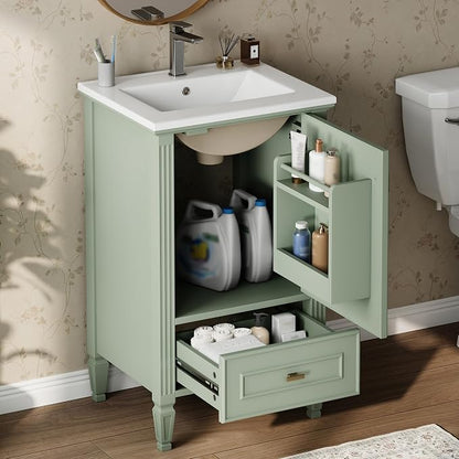 Merax 20 Inch Small Bathroom Vanity with Sink, Vanity Cabinet with Bottom Drawer and Door Rack Organizer, Adjustable Shelf, Green