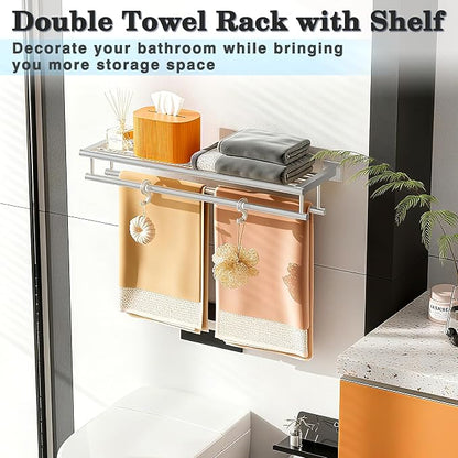 Alise Double Towel Rack for Bathroom Wall Mounted 16 Inch,Brushed Nickel | Bathroom Tower Holder Towel Shelf with Double Towel Bars,SUS304 Stainless Steel Towel Rack with Shelf for Lavatory Kitchen