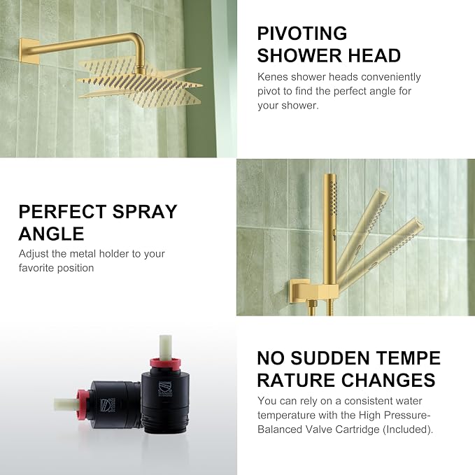 KENES Brushed Gold Square Rainfall Shower System Faucet Set with Handheld | Shower Faucet with 10-Inch Rain Shower Head, Square Shower System, Valve Included, Lead-Free cUPC & NSF Certified, Stainless