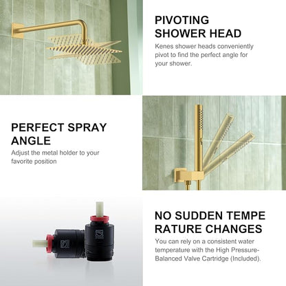 KENES Brushed Gold Square Rainfall Shower System Faucet Set with Handheld | Shower Faucet with 10-Inch Rain Shower Head, Square Shower System, Valve Included, Lead-Free cUPC & NSF Certified, Stainless