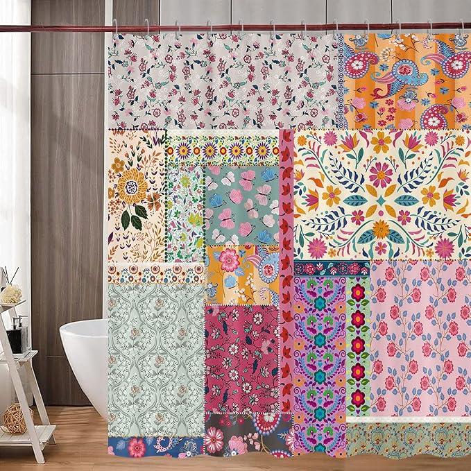 Boho Patchwork Shower Curtain, Vintage Bohemian Paisley Stitching Floral Shower Curtain Art with Hooks, Retro Farmhouse Cottage Rustic Colorful Wildflowers Flowers Design Shower Curtain Set, 72"X72"
