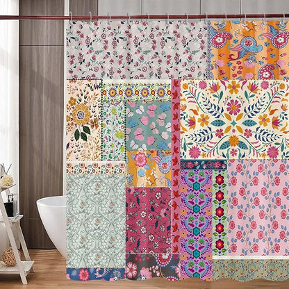 Boho Patchwork Shower Curtain, Vintage Bohemian Paisley Stitching Floral Shower Curtain Art with Hooks, Retro Farmhouse Cottage Rustic Colorful Wildflowers Flowers Design Shower Curtain Set, 72"X72"