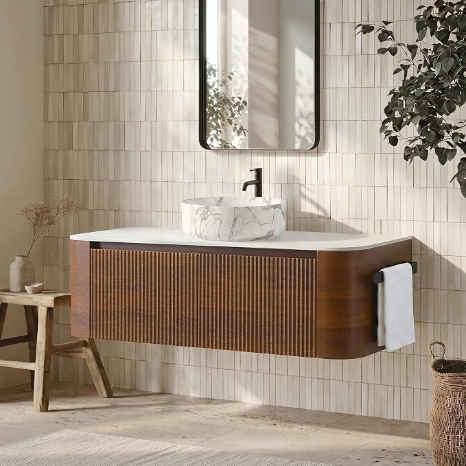 48" Floating Bathroom Vanity with Carrara Finish Sink, Walnut | Pre-Assembled Fluted Wall Mounted Vanity with Ceramic Vessel Sink, Rounded Edges, Soft-Close Drawer & Towel Rack