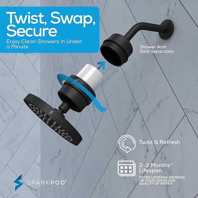 SparkPod Filtered Shower Head, 23-Stage, 6" Round, Black Matte | Showerhead for Hard Water, High Pressure, Reduces Chlorine, Heavy Metals, For Dry Skin & Hair, Removable Capsule Filter