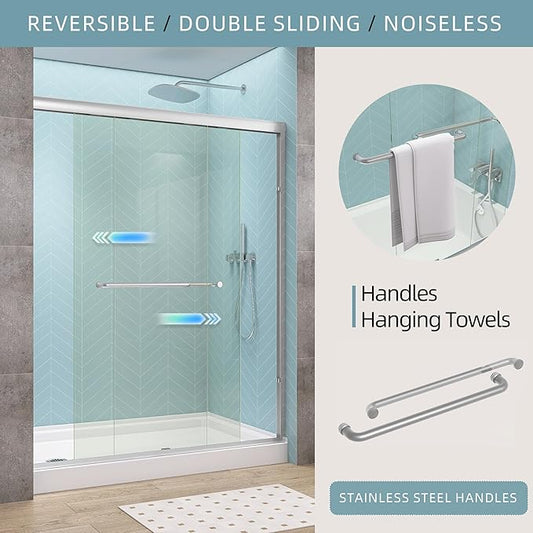GETPRO Sliding Shower Door Semi-Frameless 50-54 in. W x 72 in. H Bypasss Double Sliding Glass Shower Enclosure,1/4 inch Clear Tempered Glass Door for Walk-in Shower Brushed Nickel